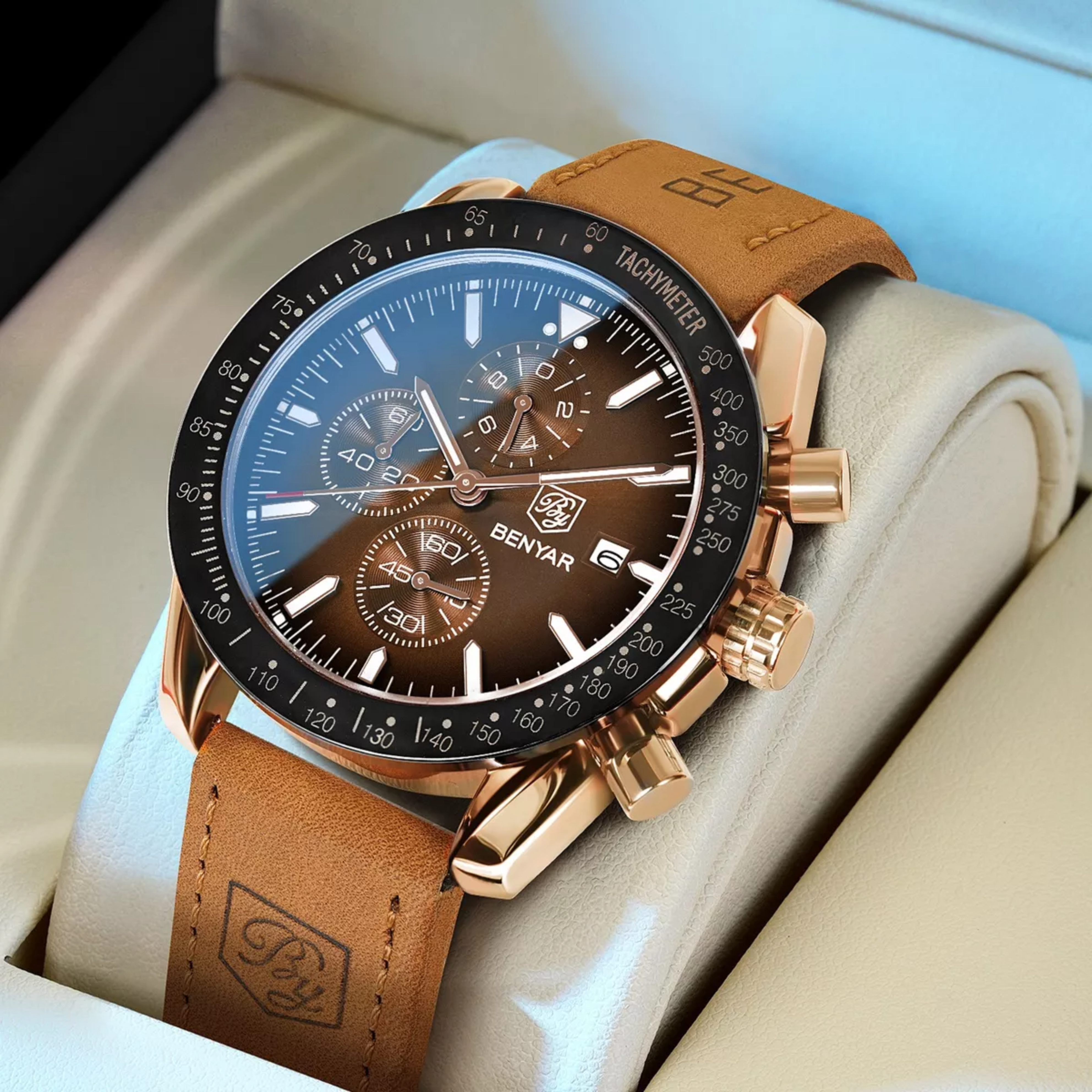 Reloj Benyar De Cuero Casual Para Hombre Con Cronógrafo.