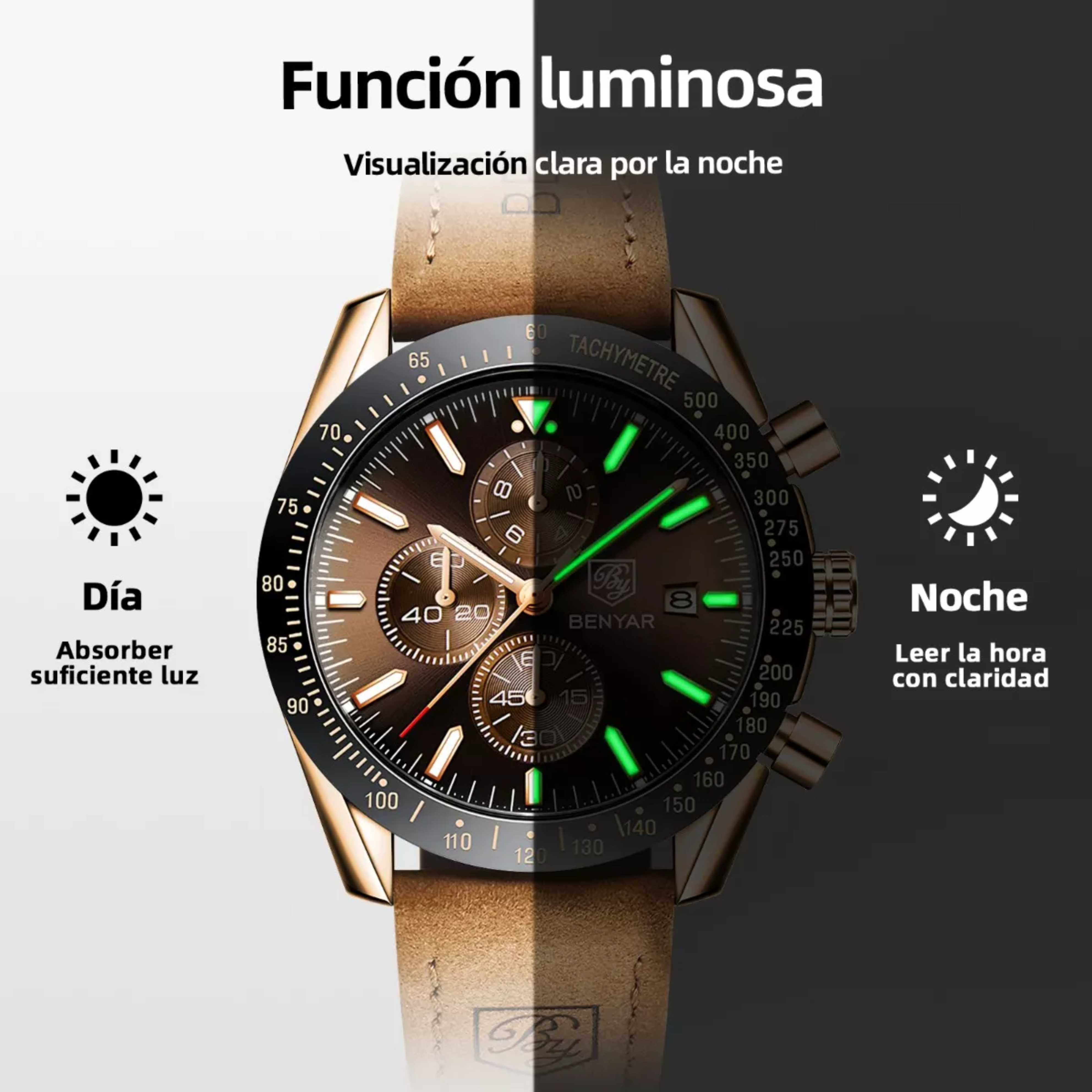 Reloj Benyar De Cuero Casual Para Hombre Con Cronógrafo.