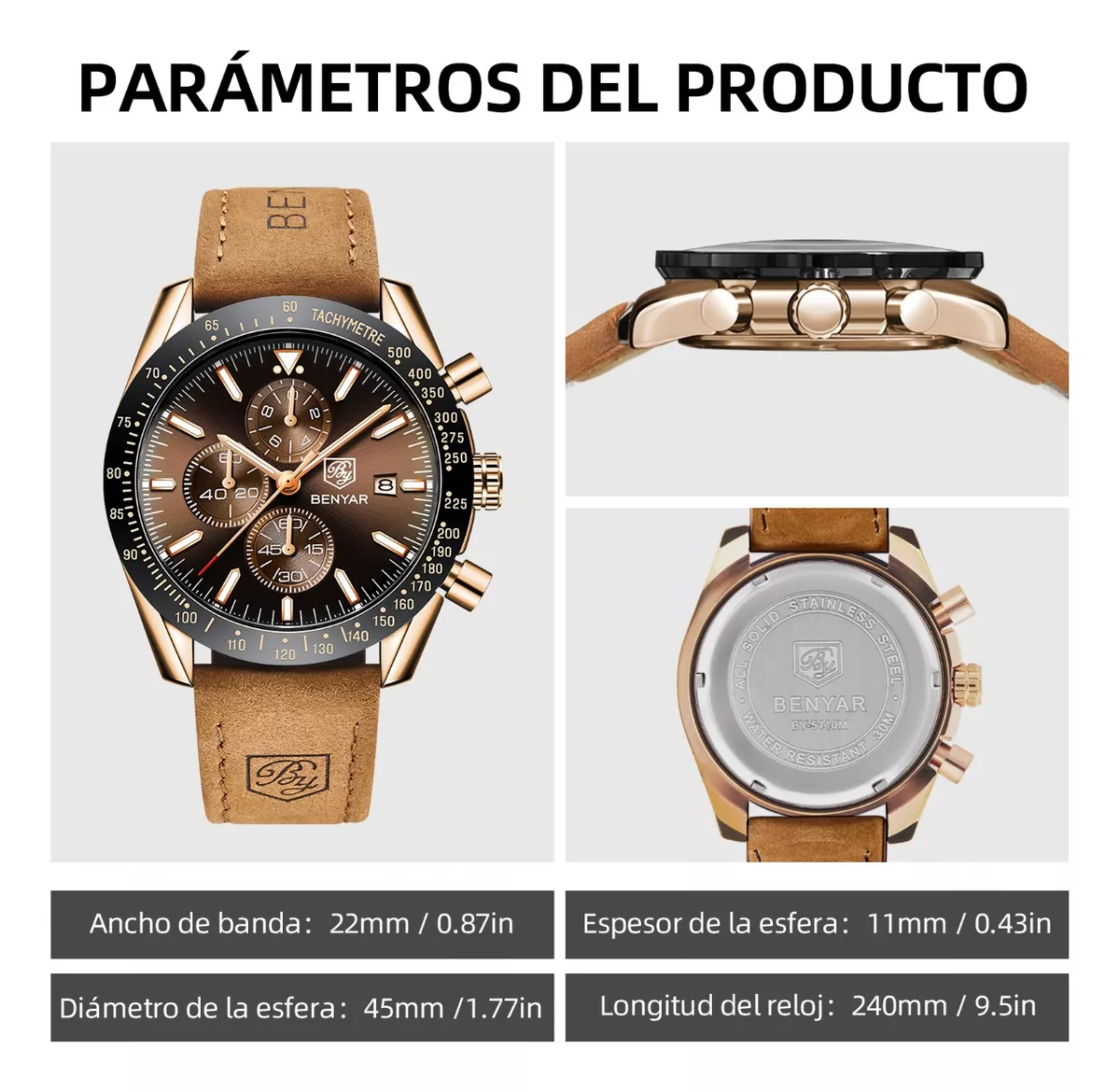 Reloj Benyar De Cuero Casual Para Hombre Con Cronógrafo.