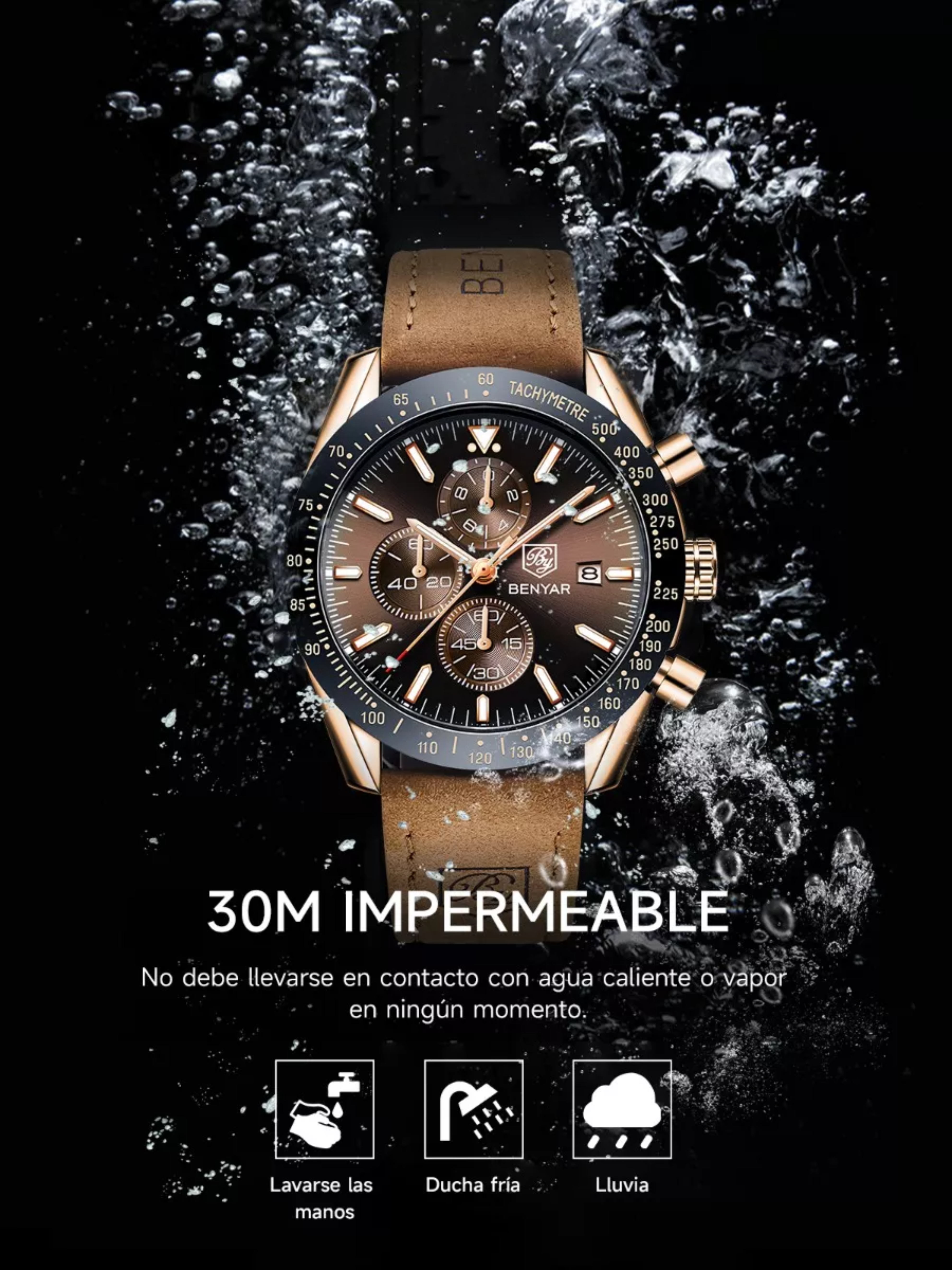Reloj Benyar De Cuero Casual Para Hombre Con Cronógrafo.