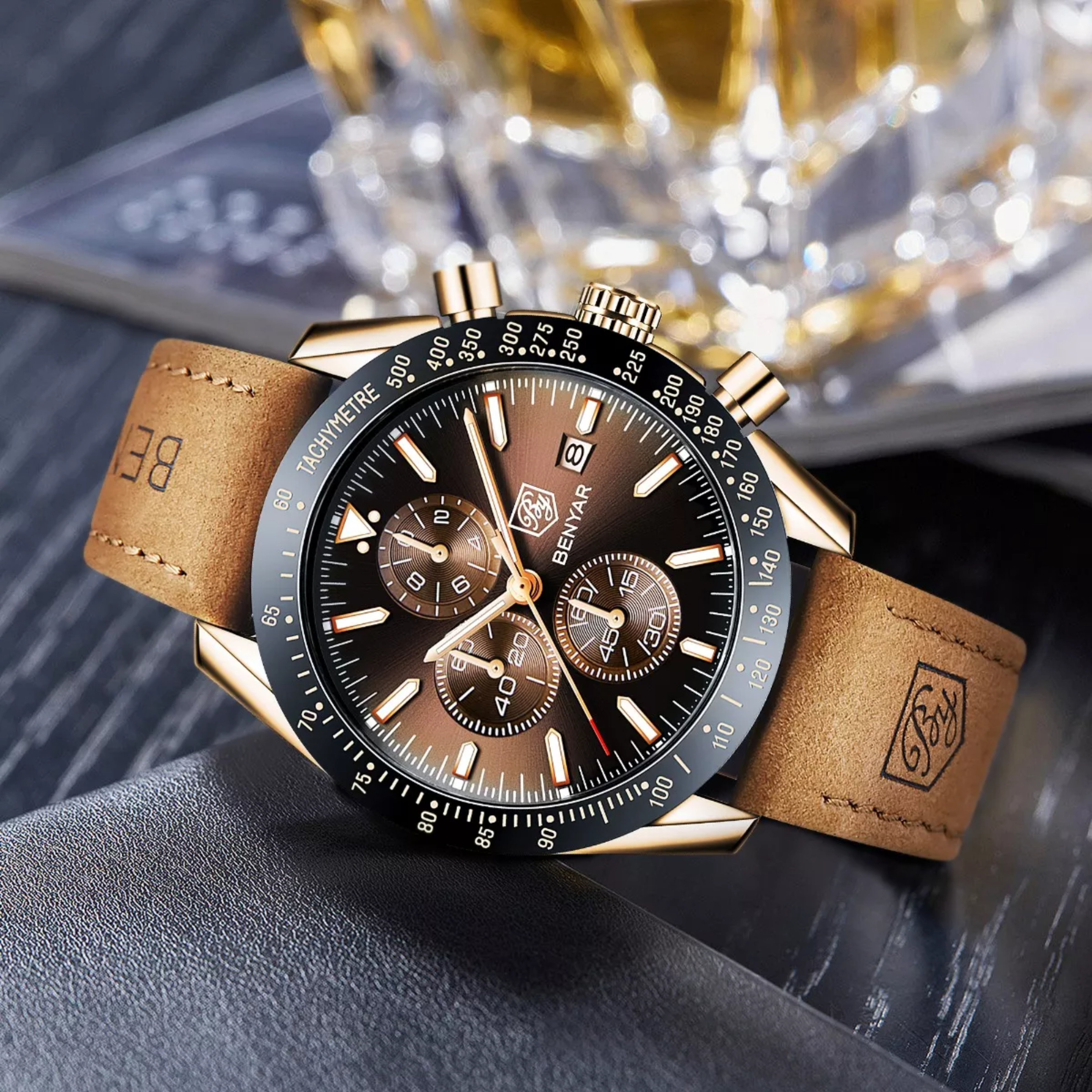 Reloj Benyar De Cuero Casual Para Hombre Con Cronógrafo.