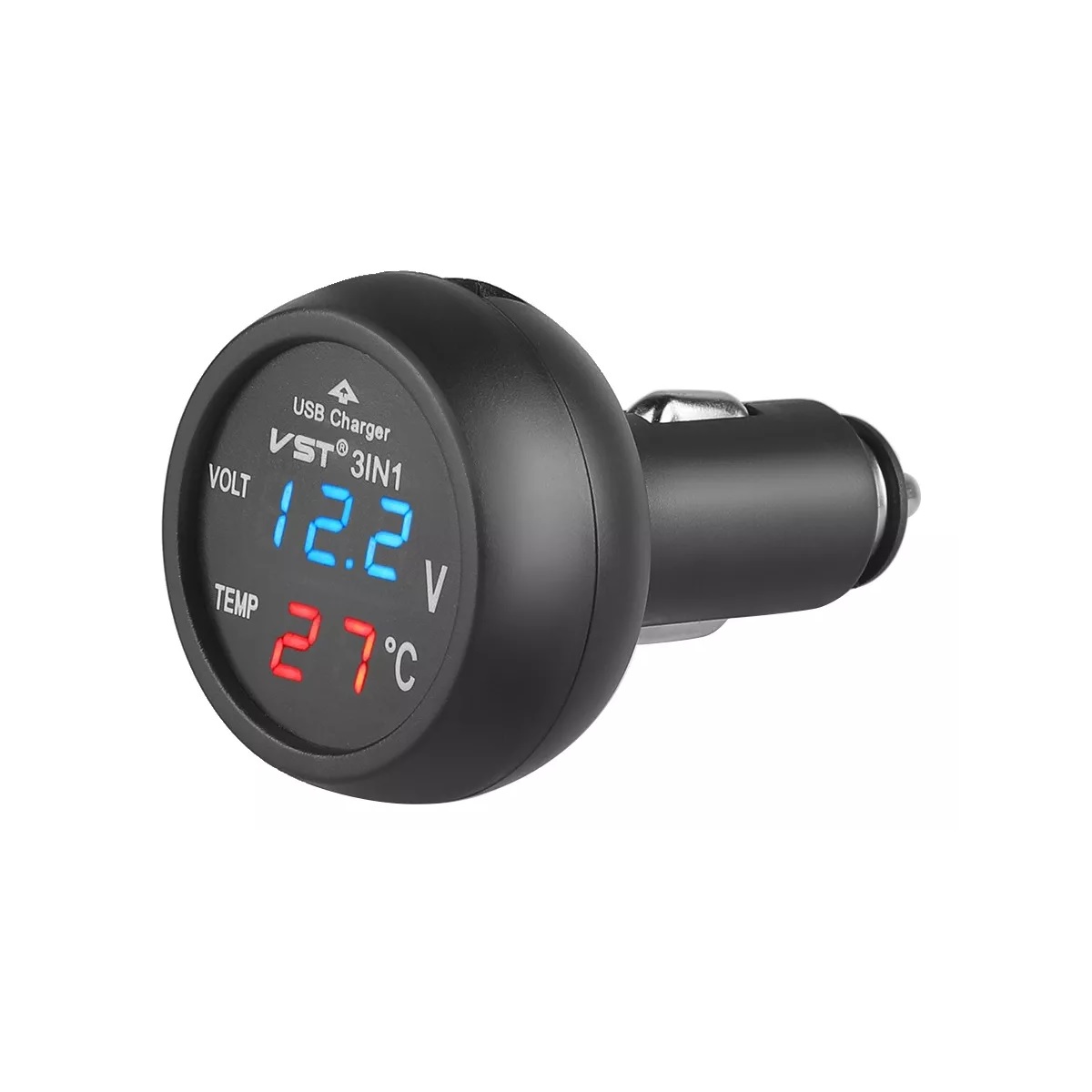 3en1 Cargador De Auto Usb, Voltímetro Y Termómetro De Led.