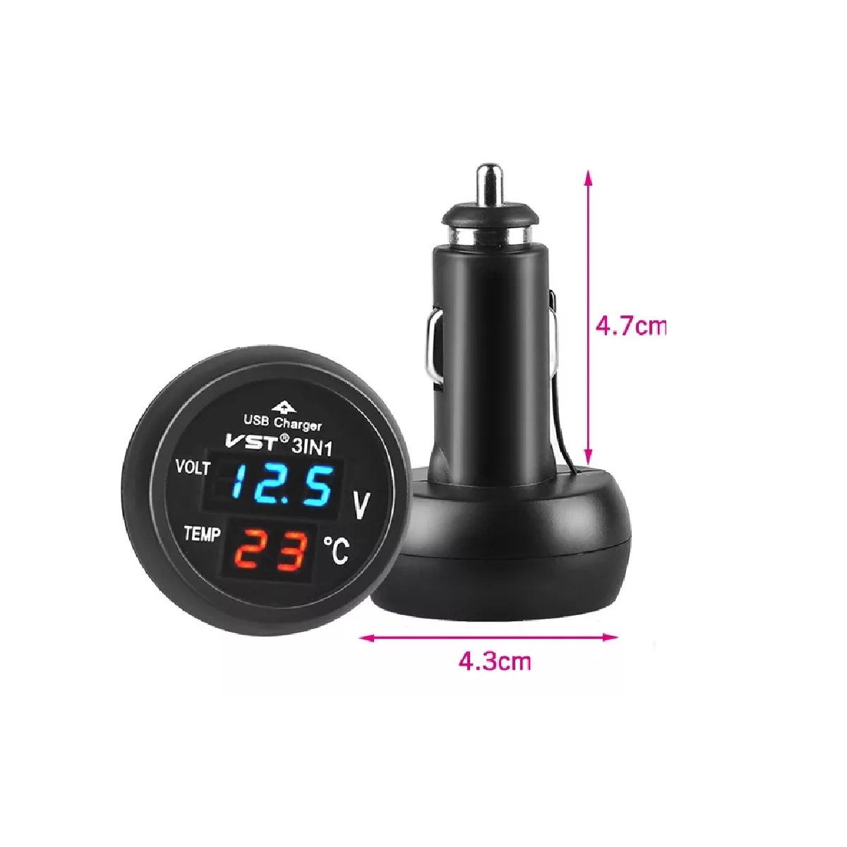 3en1 Cargador De Auto Usb, Voltímetro Y Termómetro De Led.