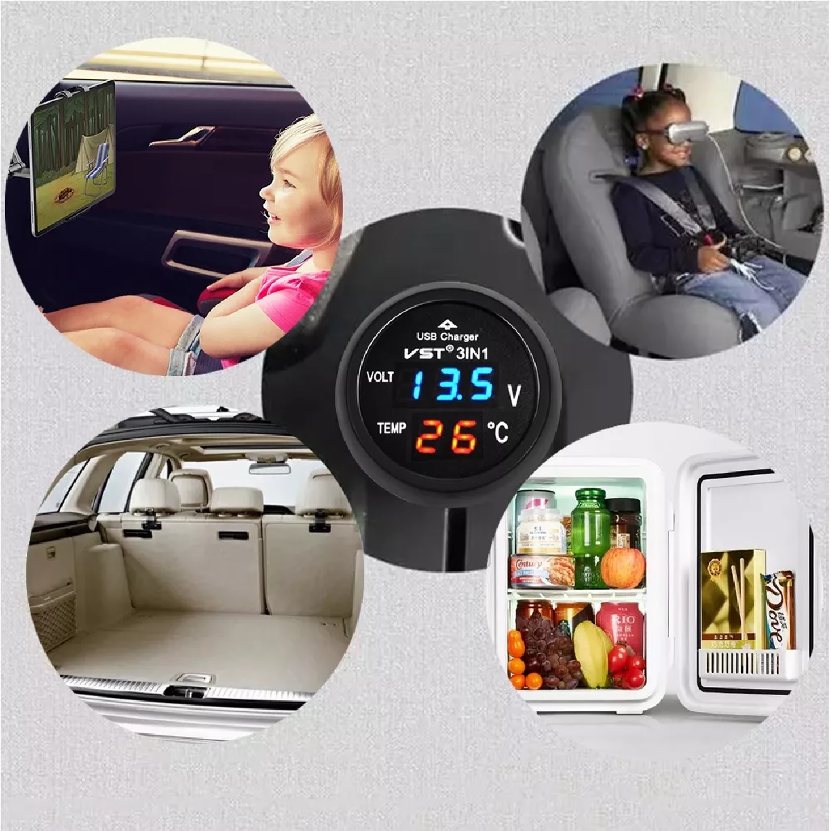 3en1 Cargador De Auto Usb, Voltímetro Y Termómetro De Led.