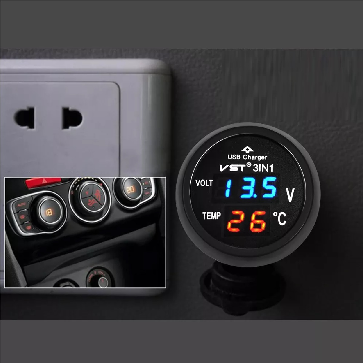 3en1 Cargador De Auto Usb, Voltímetro Y Termómetro De Led.