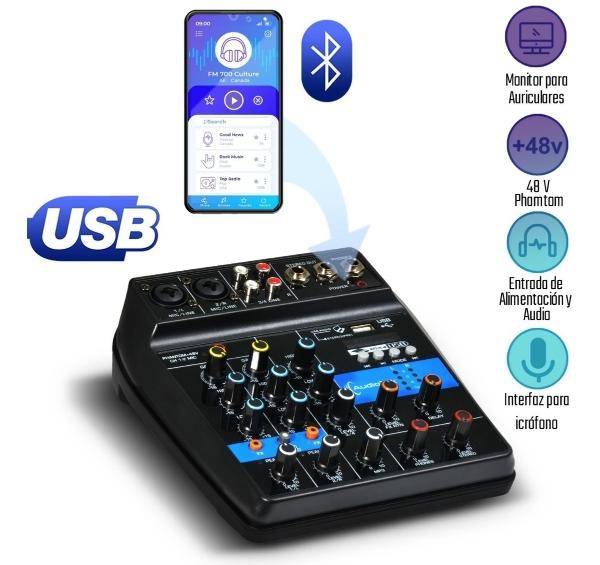 Mezcladora de Audio Bluetooth 4 Canales Mixer Tarjeta Audio Usb  
