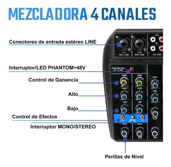 Mezcladora de Audio Bluetooth 4 Canales Mixer Tarjeta Audio Usb  
