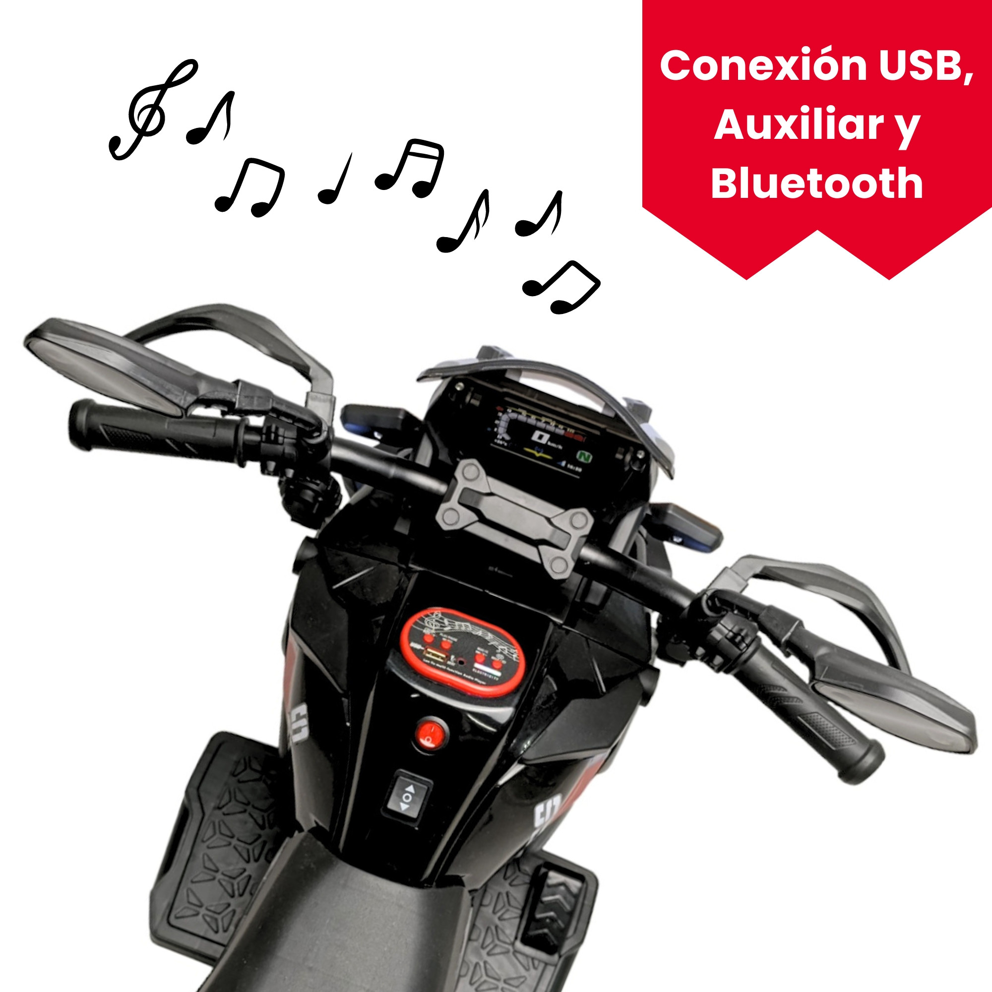 Moto Montable Electrica para Niños Recargable 6v Luz Led, Bluetooth - Negro.