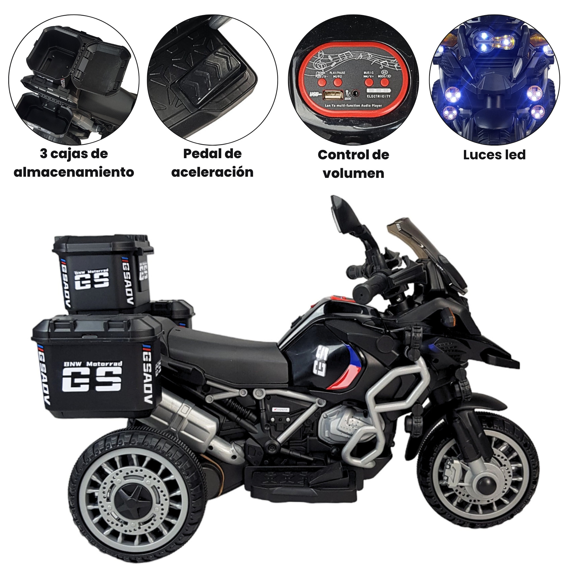 Moto Montable Electrica para Niños Recargable 6v Luz Led, Bluetooth - Negro.