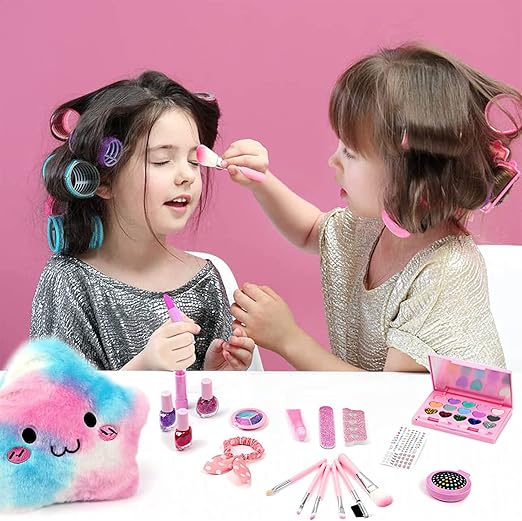 A Kit de Maquillaje para Niñas, Juguetes de Maquillaje Lavables para Niñas, Pinturas Niñas Maquillaje, Princesa Juego de Simulación con Bolsa de Felpa, Juguetes para Niñas para 5 A 9 años.