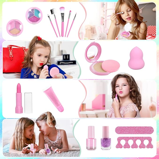 A Juguetes de Maquillaje, Maquillaje Bolso Unicornio, Kit De Juguete De Maquillaje para Chicas, Lavables De Simulación No Tóxico,  para 3+ Años.