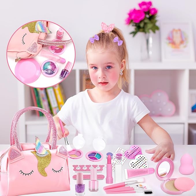 A Juguetes de Maquillaje, Maquillaje Bolso Unicornio, Kit De Juguete De Maquillaje para Chicas, Lavables De Simulación No Tóxico,  para 3+ Años.
