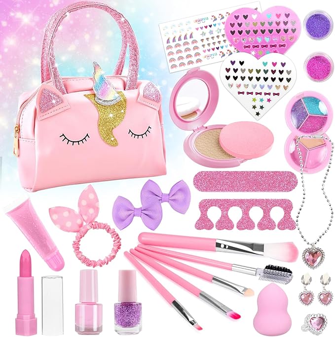 A Juguetes de Maquillaje, Maquillaje Bolso Unicornio, Kit De Juguete De Maquillaje para Chicas, Lavables De Simulación No Tóxico,  para 3+ Años.