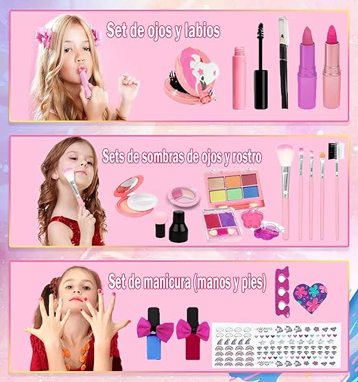 A Juguetes de Maquillaje, Maquillaje Bolso Unicornio, Kit De Juguete De Maquillaje para Chicas, Lavables De Simulación No Tóxico,  para 3+ Años.