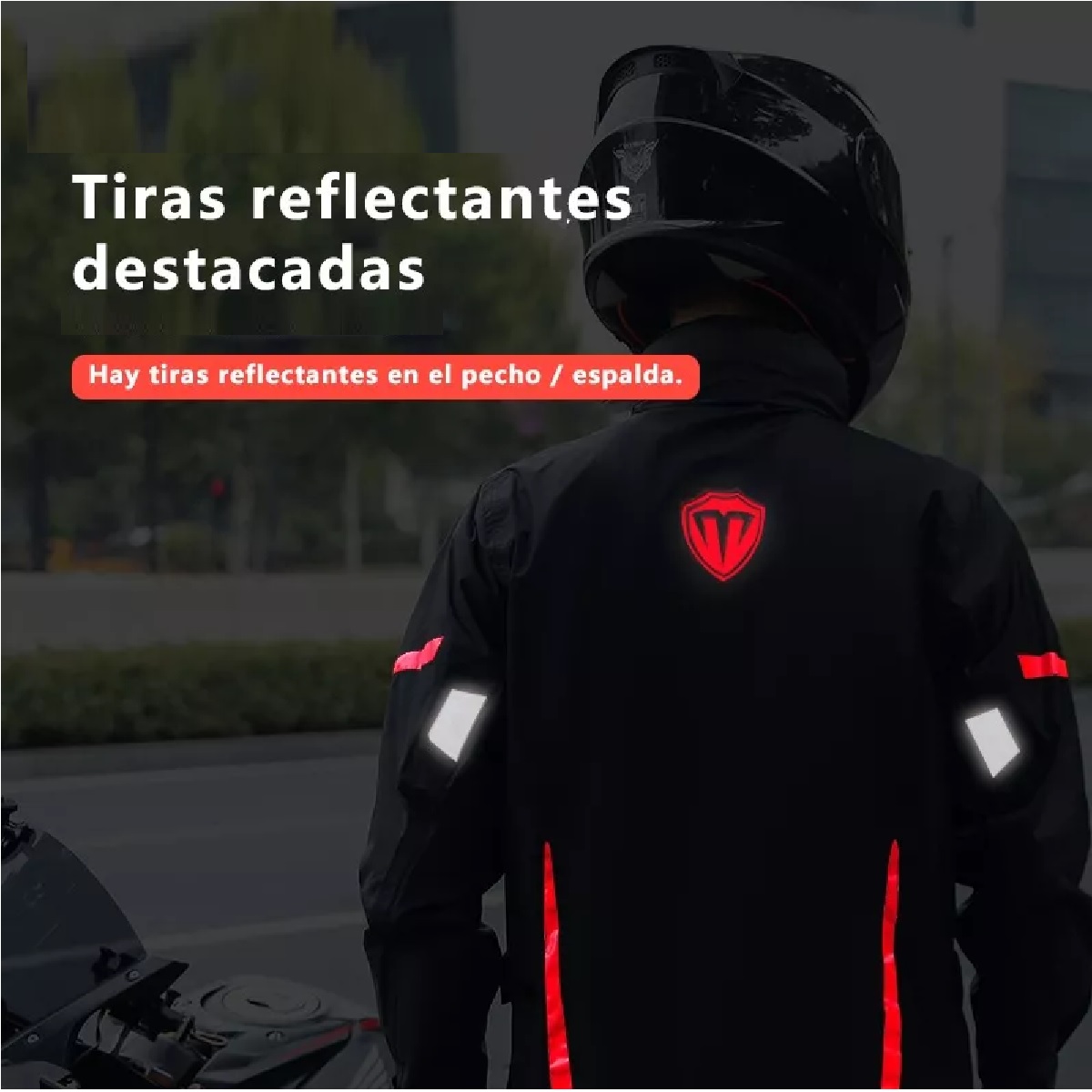 Impermeable Motociclista Reflejante Con Capucha Alta Negro/Rojo L.