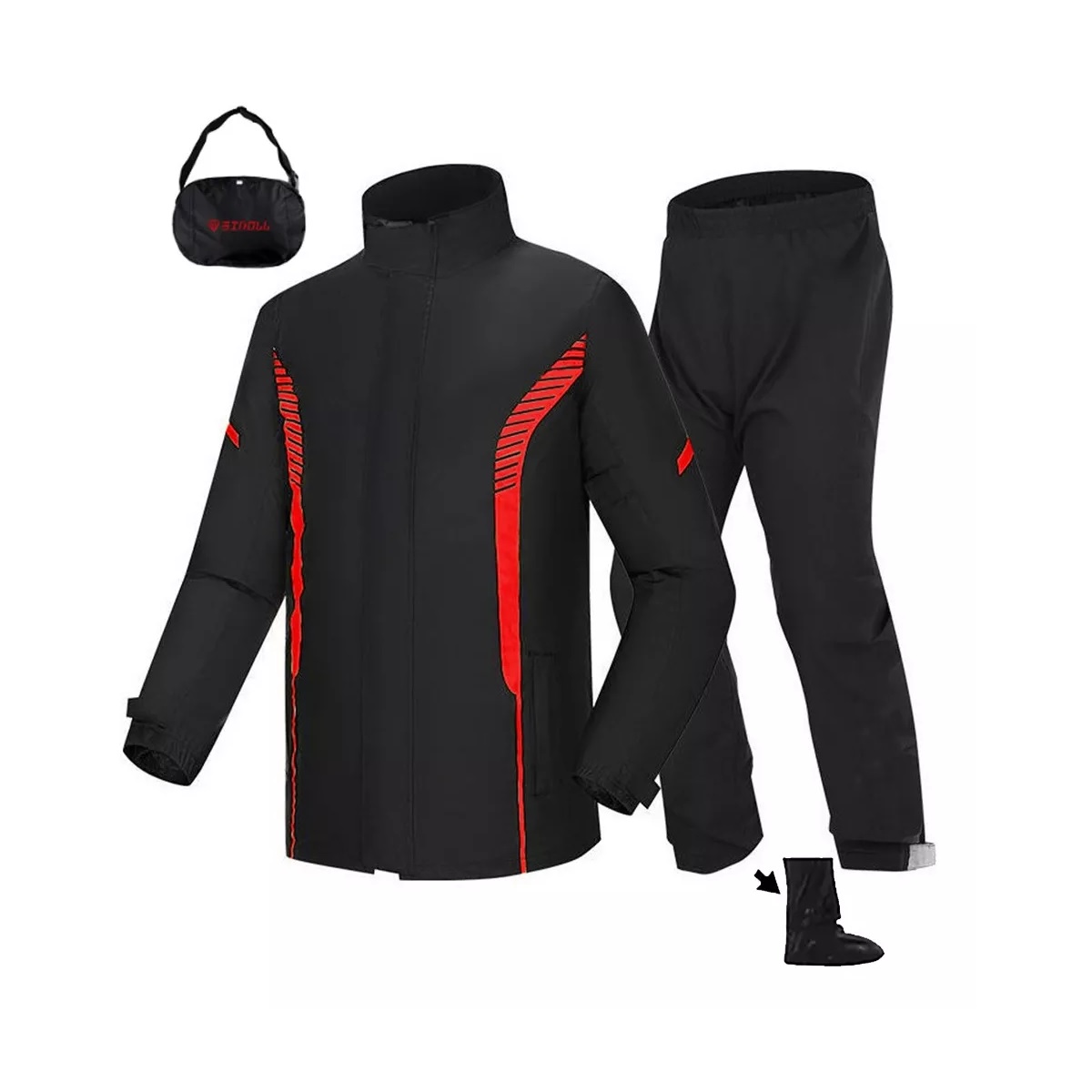 Impermeable Motociclista Reflejante Con Capucha Alta Negro/Rojo L.