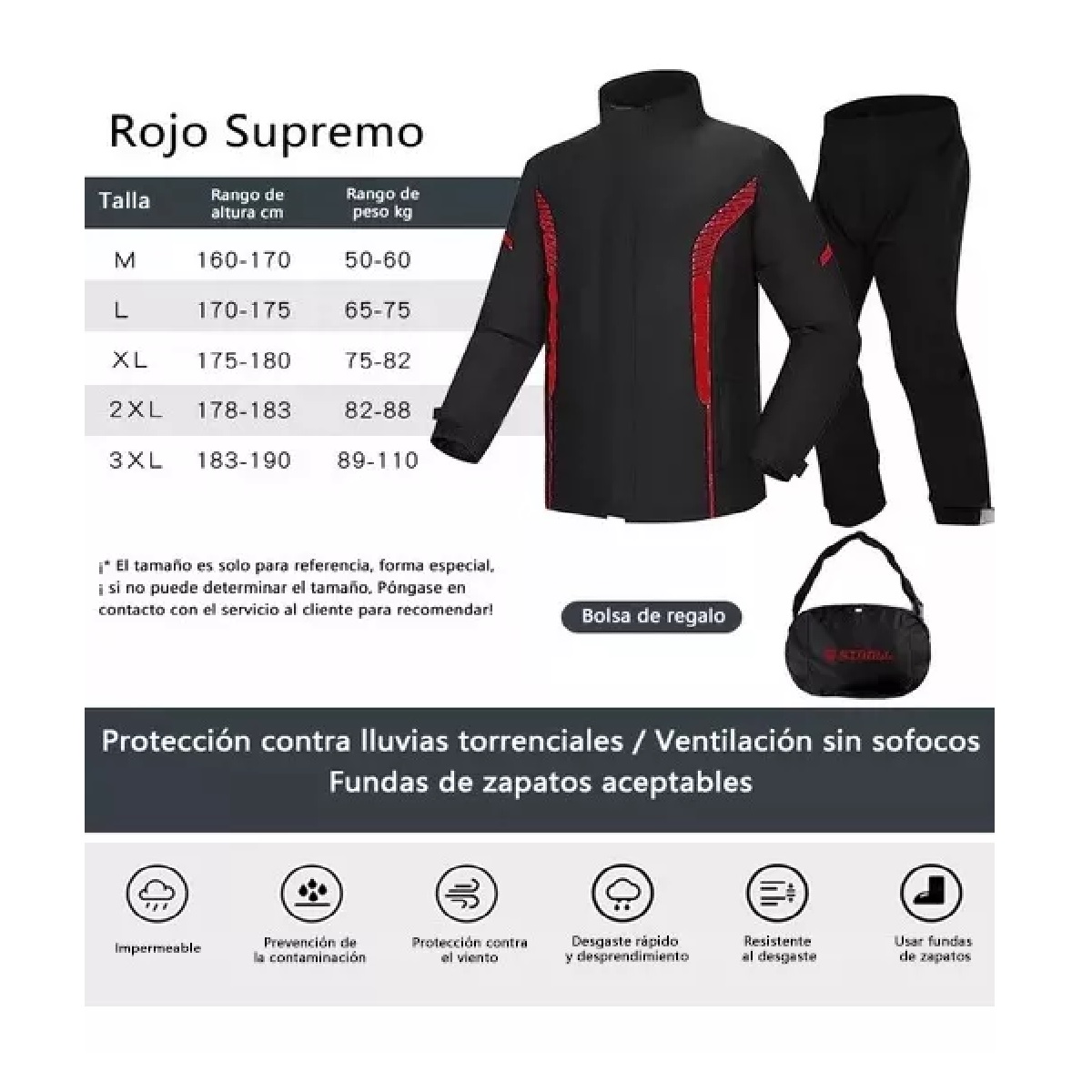 Impermeable Motociclista Reflejante Con Capucha Alta Negro/Rojo L.
