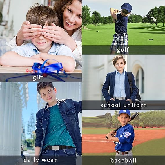 AWAYTR - Cinturones de lona para niños, uniforme escolar ajustable, cinturón de golf para niños con hebilla abatible plateada.