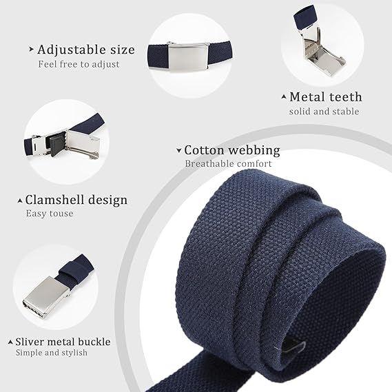 AWAYTR - Cinturones de lona para niños, uniforme escolar ajustable, cinturón de golf para niños con hebilla abatible plateada.