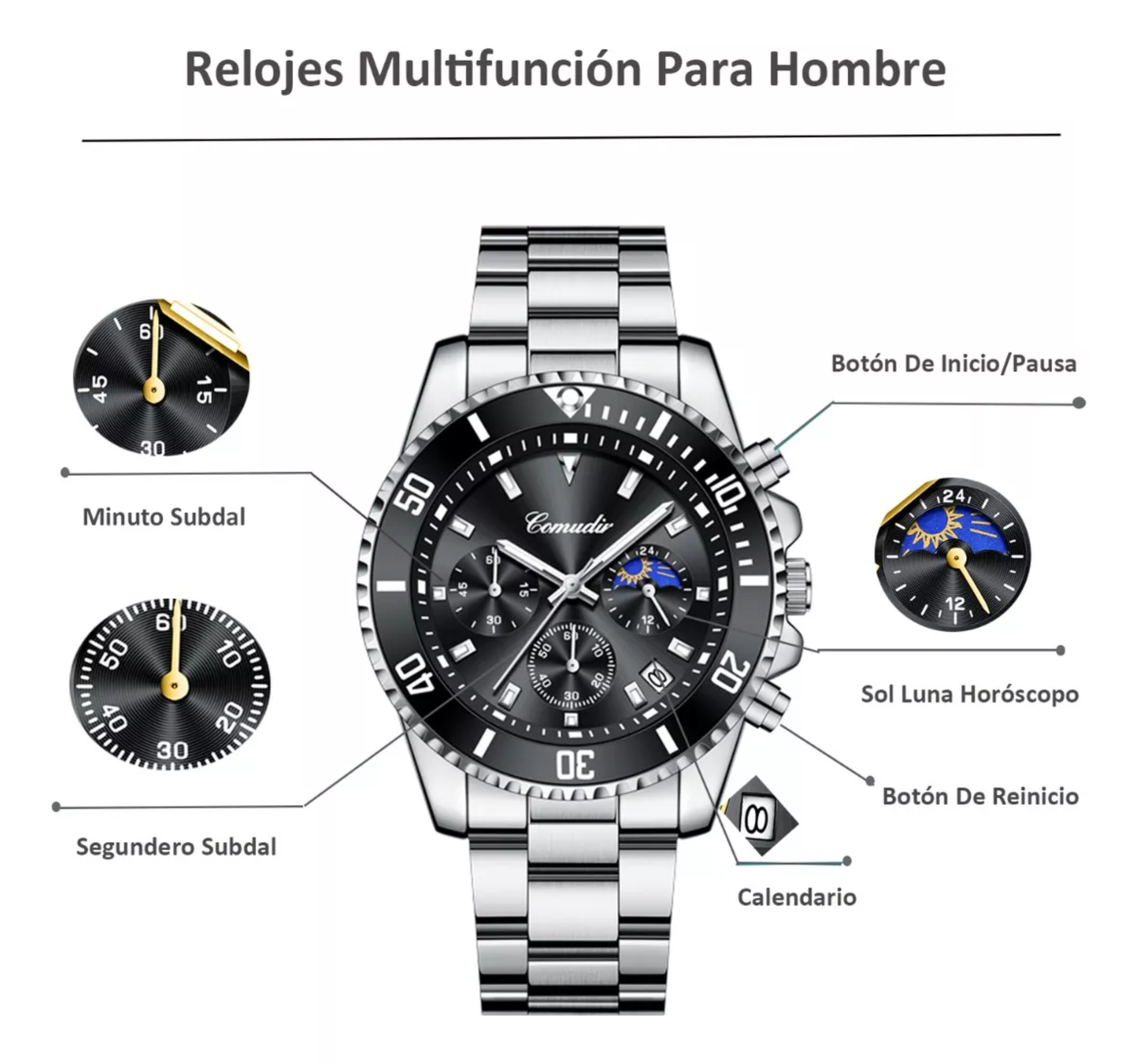 Reloj Para Hombre De Cuarzo De Acero Con Cronógrafo.