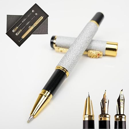 A ZYHSLZ Set de 3 Pluma Estilográfica, Pluma Fuente Estilográfica con 3 Plumillas de Acero y Convertidor, Pluma Estilográfica Recargable, Pluma Estilográfica Punto Fino,Diseño Clásico (Plata esmerilado).