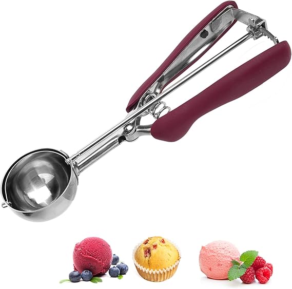 A Cucharada de Helado,Cuchara Grande para Helado con Resorte de Acero Inoxidable de 2 ", Cuchara para Helado con Mango de Silicona, Adecuada para Frutas, Helados, Postres, Hornear, Cocina (Rojo).