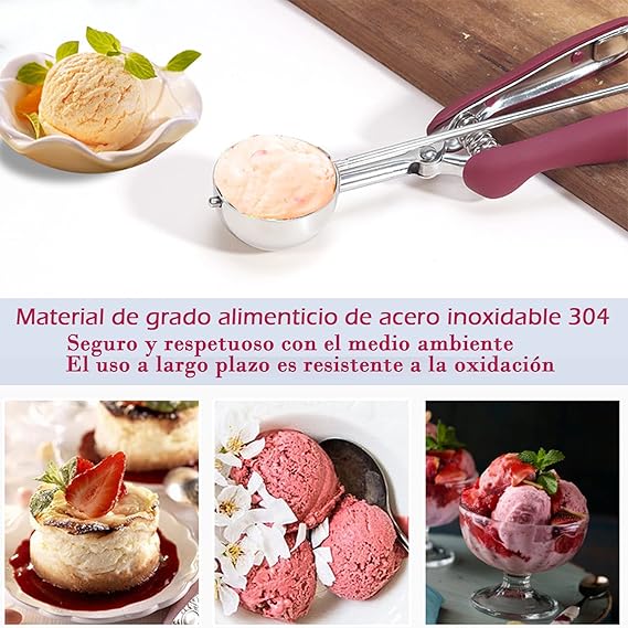 A Cucharada de Helado,Cuchara Grande para Helado con Resorte de Acero Inoxidable de 2 ", Cuchara para Helado con Mango de Silicona, Adecuada para Frutas, Helados, Postres, Hornear, Cocina (Rojo).