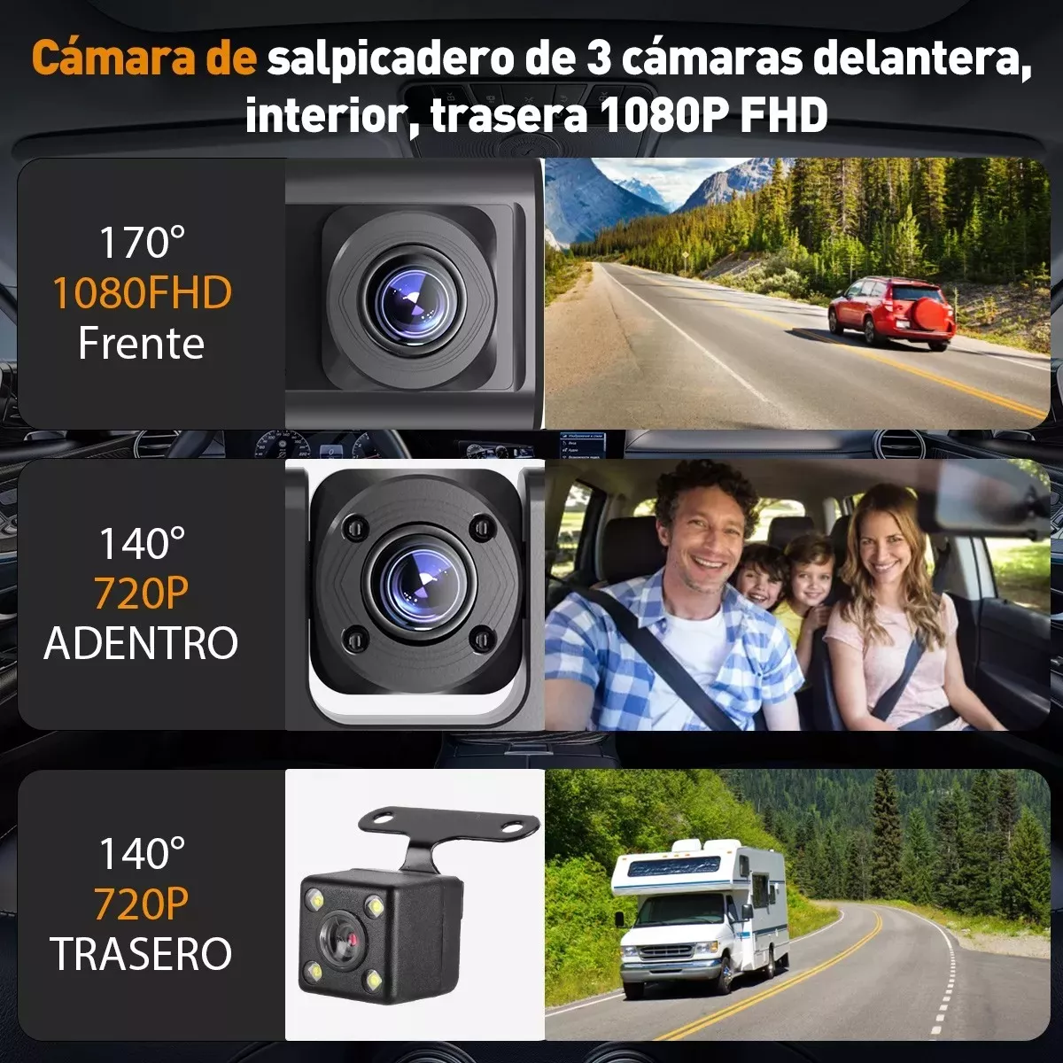 Cámara Para Automóvil Hd 1080p Dashcamera 3 En 1 Con Audio.