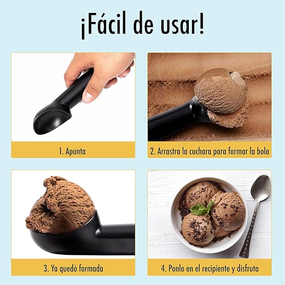 A Cuchara para Helado y Congelados, Anticongelante y Antiadherente. Exelente Calidad, Libre de Lead, cuchara de aluminio que no conduce la temperatura! Plateada y Facil de Limpiar. Ice cream scoop. (Negro Cromo).