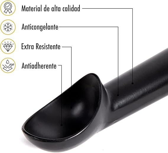 A Cuchara para Helado y Congelados, Anticongelante y Antiadherente. Exelente Calidad, Libre de Lead, cuchara de aluminio que no conduce la temperatura! Plateada y Facil de Limpiar. Ice cream scoop. (Negro Cromo).