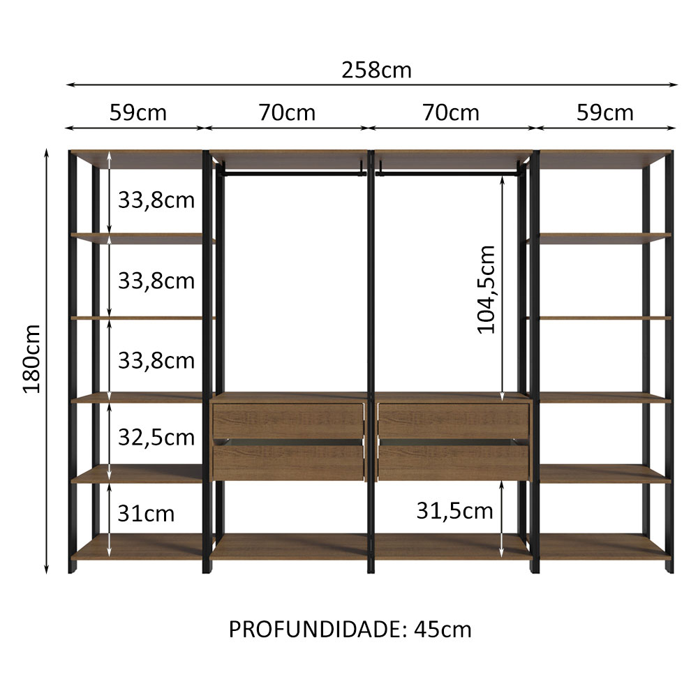 Clóset Modulado Valencia 4 Cajones 258cm Marrón/Negro Madesa 01