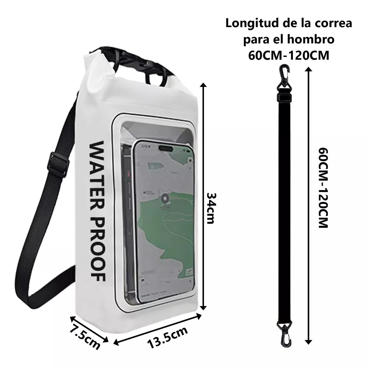 Bolsa Seca 2 Litros Bolsa Impermeable Móvil De Playa Nadar Blanco.