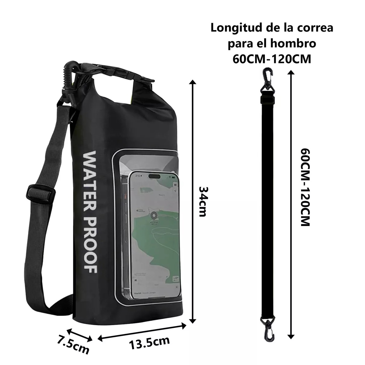 Bolsa Seca 2 Litros Bolsa Impermeable Móvil De Playa Nadar Negro.