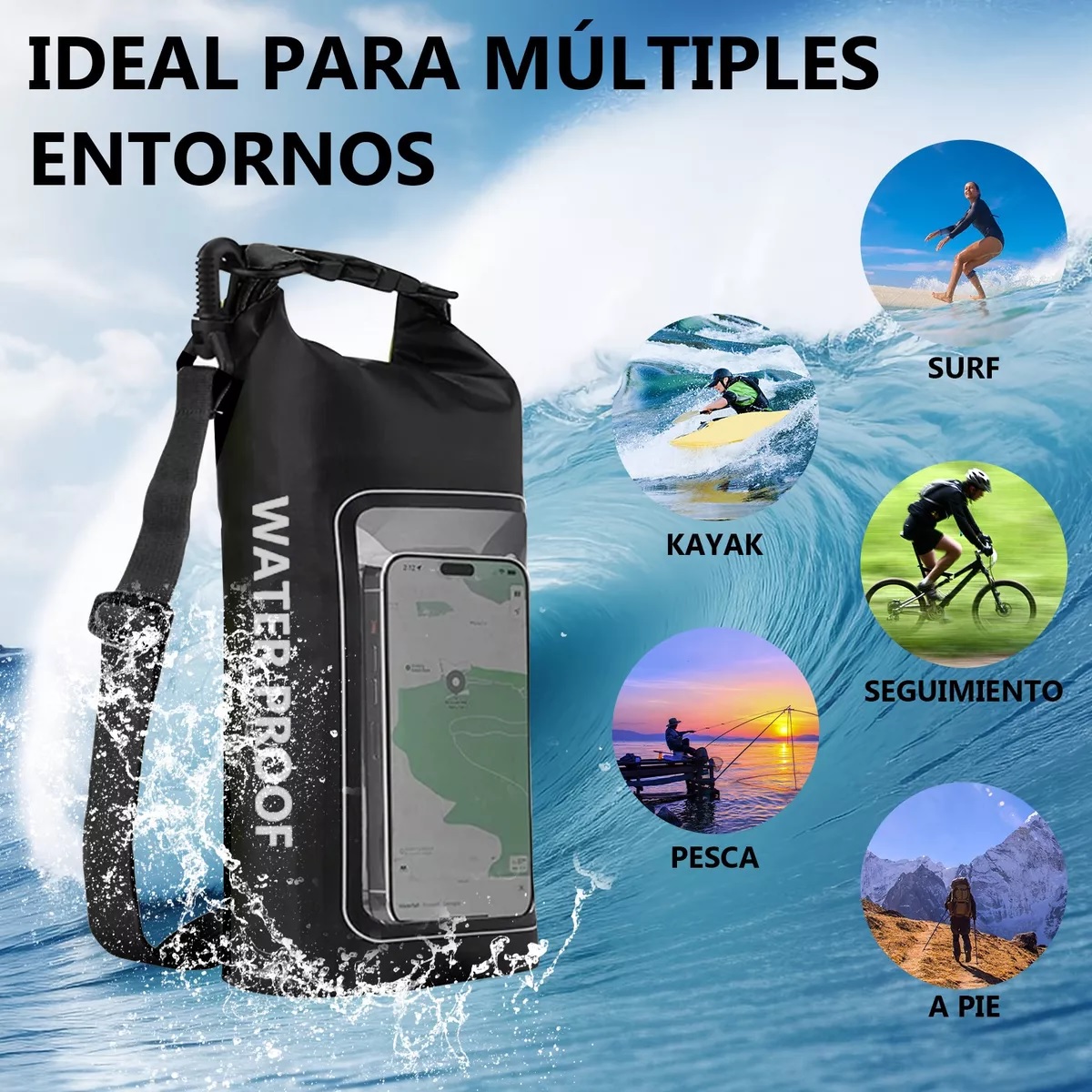 Bolsa Seca 2 Litros Bolsa Impermeable Móvil De Playa Nadar Negro.