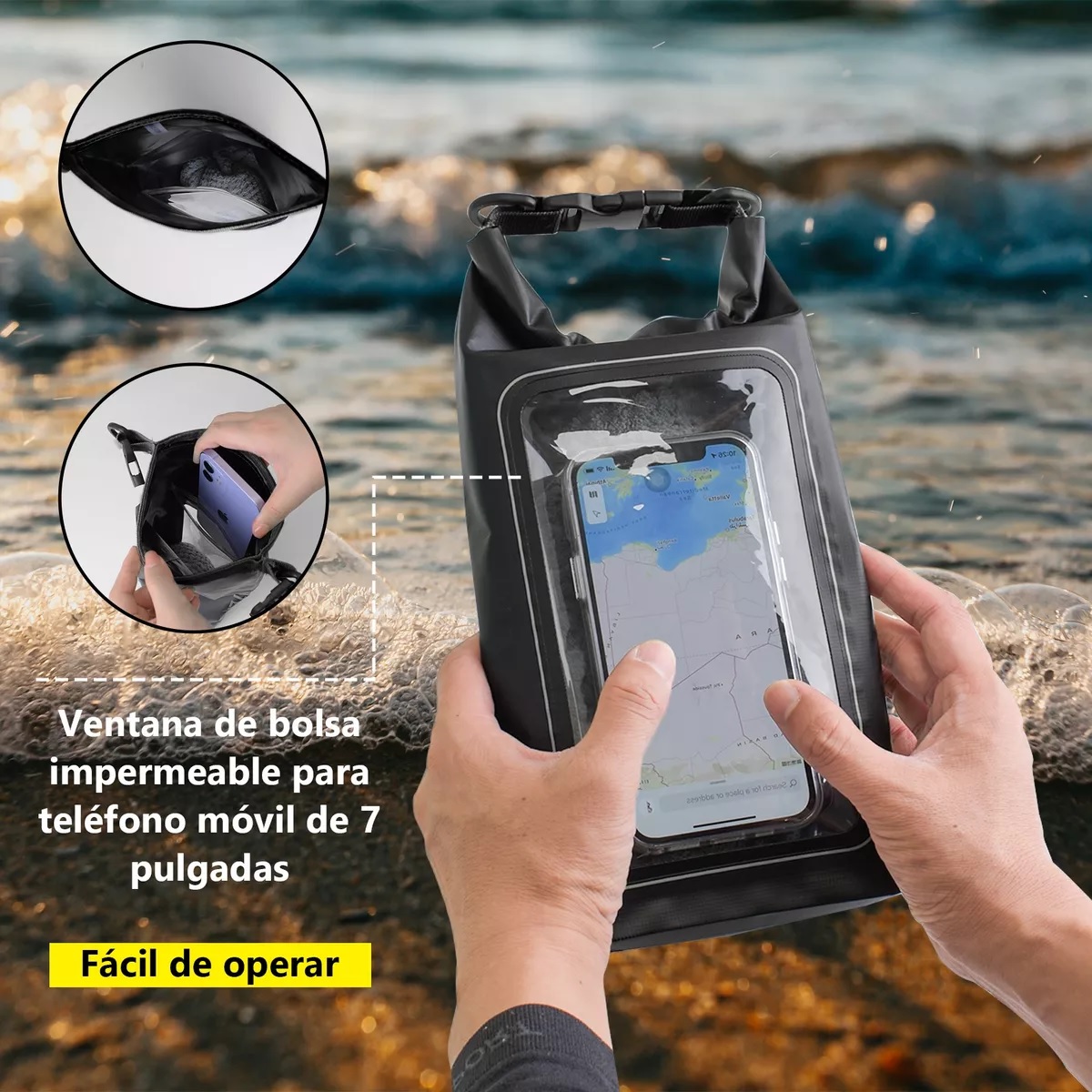 Bolsa Seca 2 Litros Bolsa Impermeable Móvil De Playa Nadar Negro.