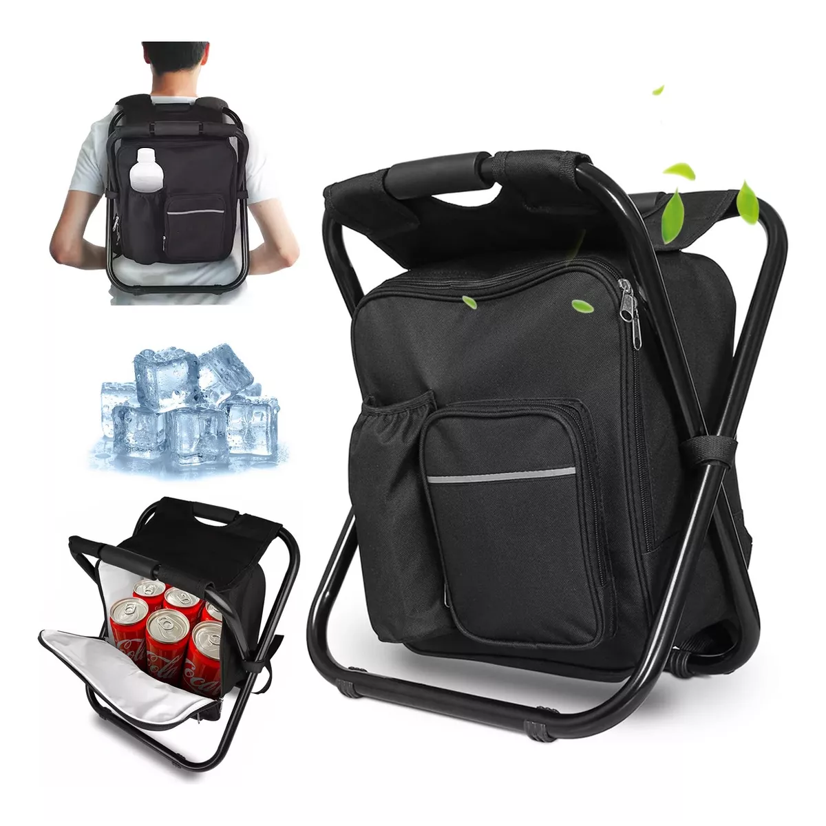 Mochila Hielera/ Térmica Silla Banco Plegable Portátil Playa Negro.