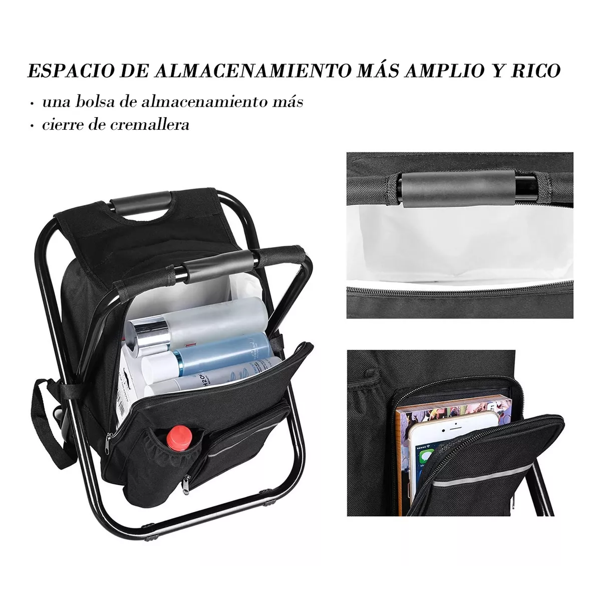 Mochila Hielera/ Térmica Silla Banco Plegable Portátil Playa Negro.
