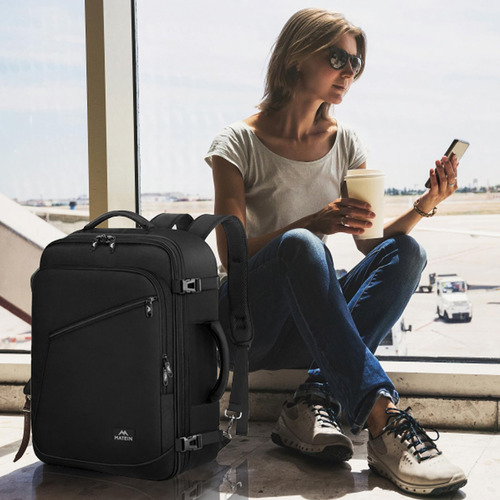 Mochila De Viaje Impermeable De Maleta Expandible Antirrobo Grande Negra Equipaje De Mano De 10 Kg Aprobado Por Avión Para Hombre Y Mujer.