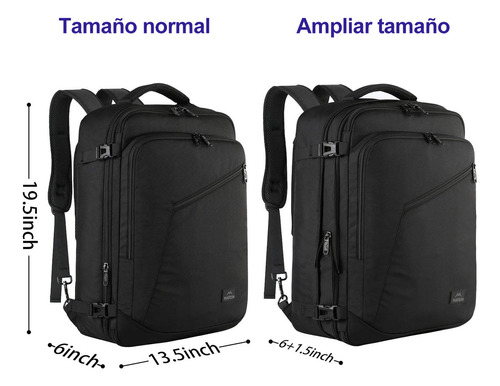 Mochila De Viaje Impermeable De Maleta Expandible Antirrobo Grande Negra Equipaje De Mano De 10 Kg Aprobado Por Avión Para Hombre Y Mujer.