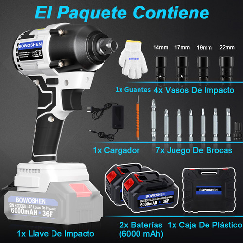 Pistola De Impacto Inalámbrica 1/2 Sin Escobillas Llave de Impacto De Velocidad Variable Con 2 Baterías Y Estuche BOWOSHEN.