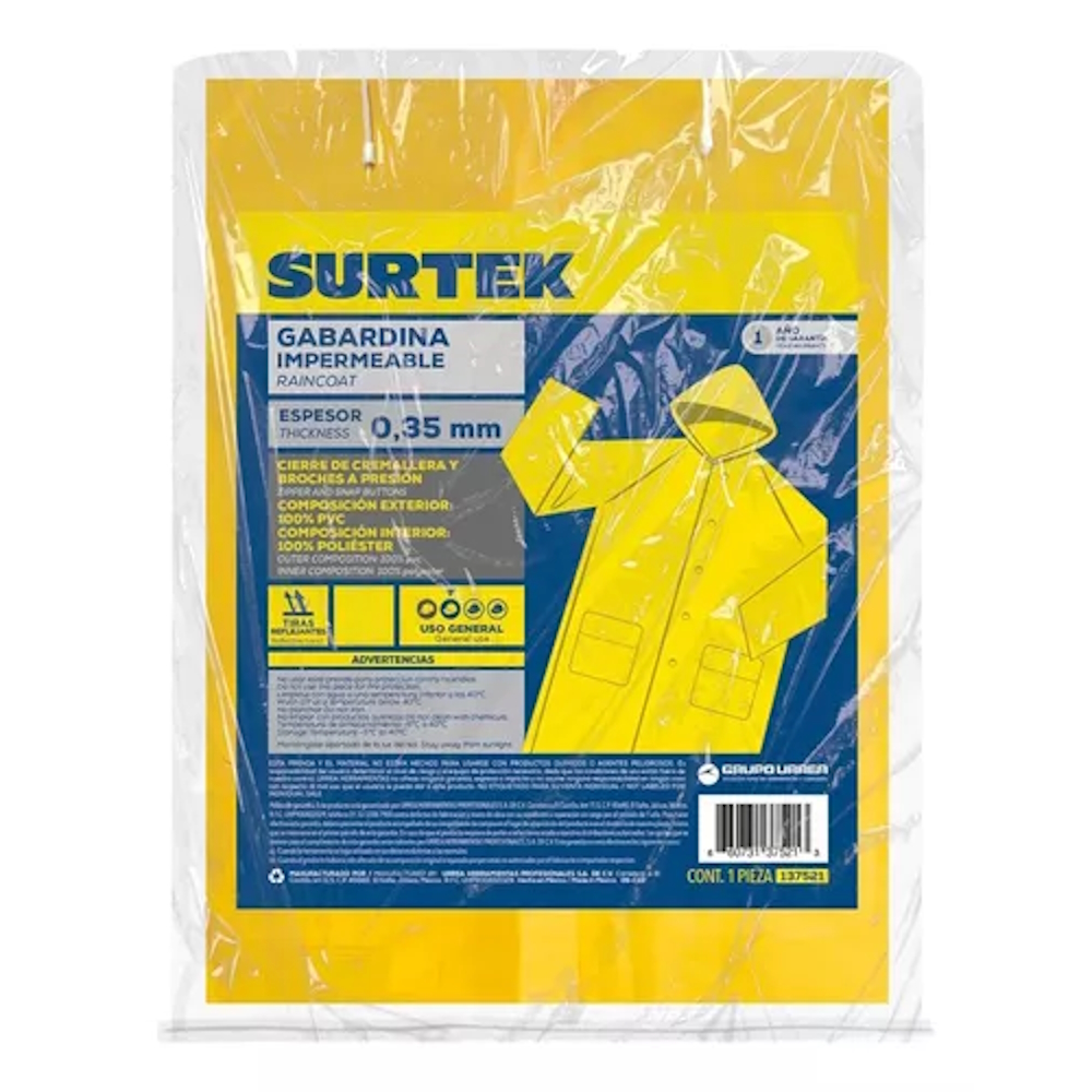 Gabardina Impermeable Para Lluvia Pvc Amarillo Surtek Talla G.