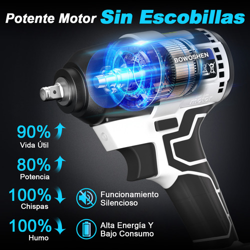 Pistola De Impacto Inalámbrica 1/2 Sin Escobillas Llave de Impacto De Velocidad Variable Con 2 Baterías Y Estuche BOWOSHEN.
