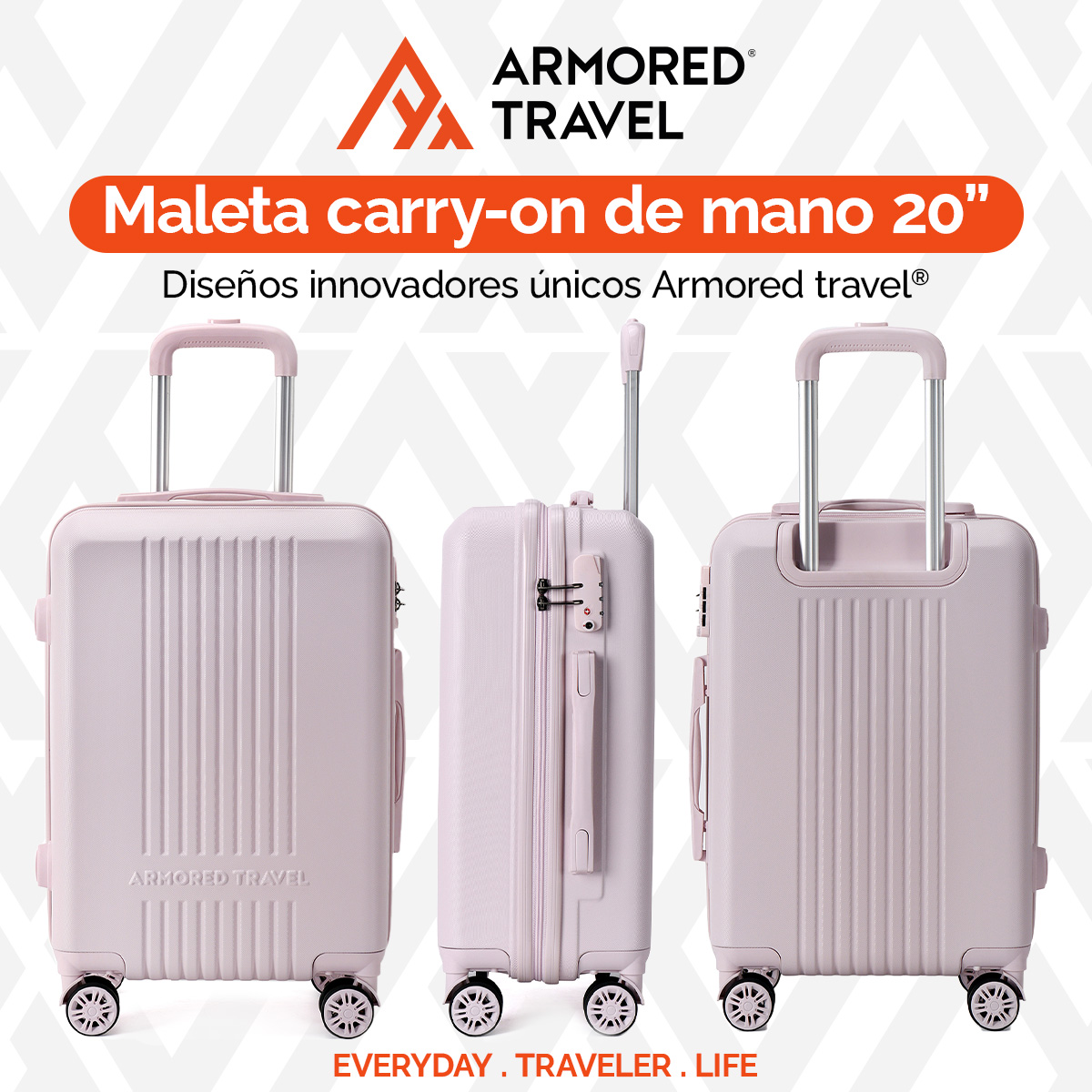 Maleta de viaje Carry On de mano cabina 20 pulgadas 10 kg ABS doble calibre candado de alta seguridad TSA LOCK Rosa Armored Travel