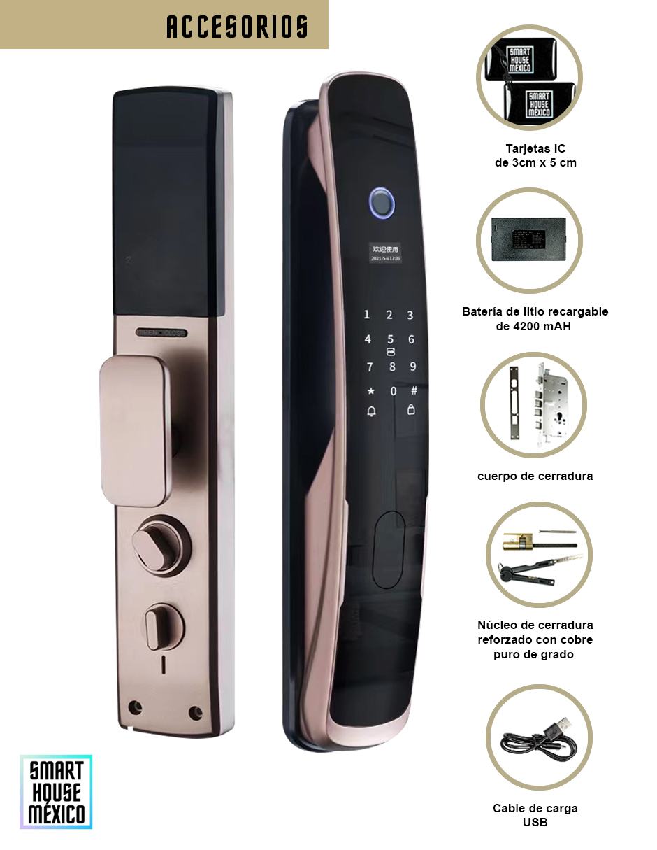 Cerradura Electrónica Wifi De Seguridad con Timbre y 5 Métodos de Apertura - Quantum (Oro Rosa)