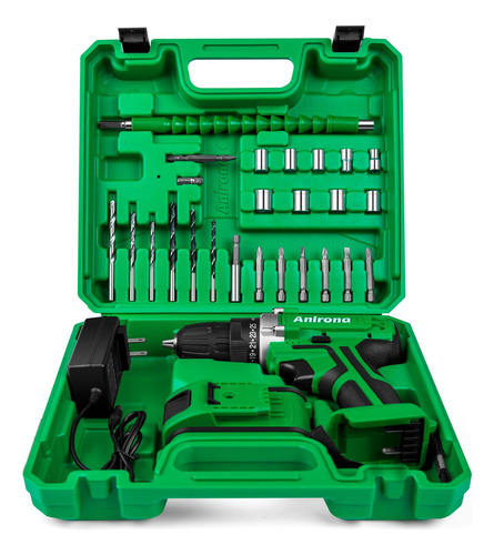 Taladro atornillador inalámbrico de 10mm Anirona AA2015-30 20V + 1 batería de 1.5Ah + accesorios con maletín de transporte.
