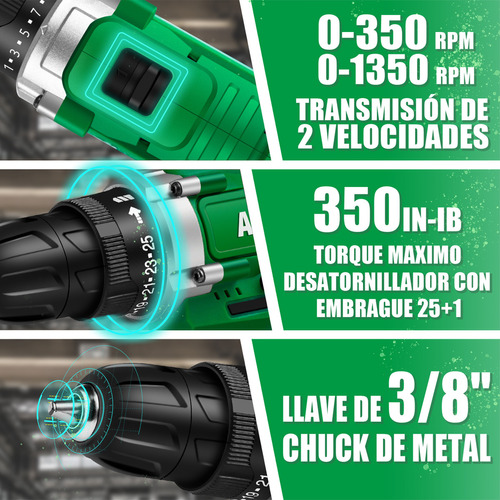 Taladro atornillador inalámbrico de 10mm Anirona AA2015-30 20V + 1 batería de 1.5Ah + accesorios con maletín de transporte.