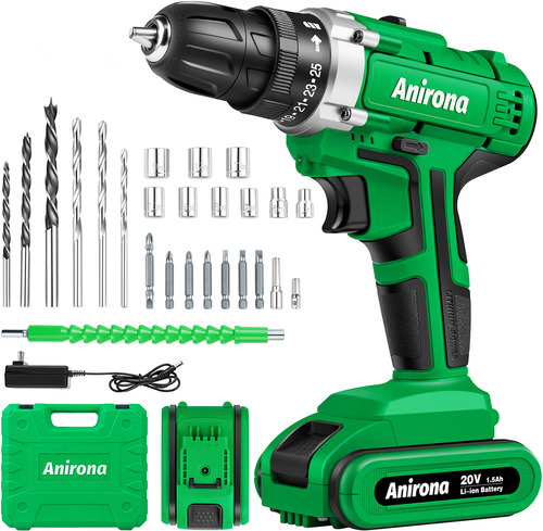 Taladro atornillador inalámbrico de 10mm Anirona AA2015-30 20V + 1 batería de 1.5Ah + accesorios con maletín de transporte.