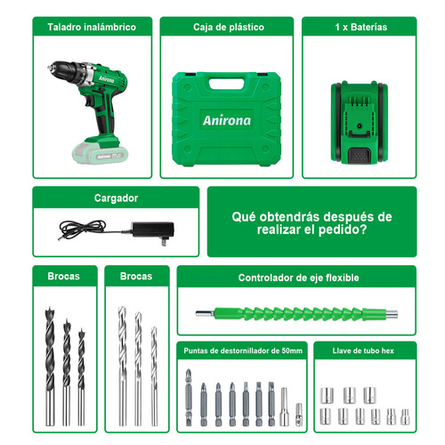 Taladro atornillador inalámbrico de 10mm Anirona AA2015-30 20V + 1 batería de 1.5Ah + accesorios con maletín de transporte.