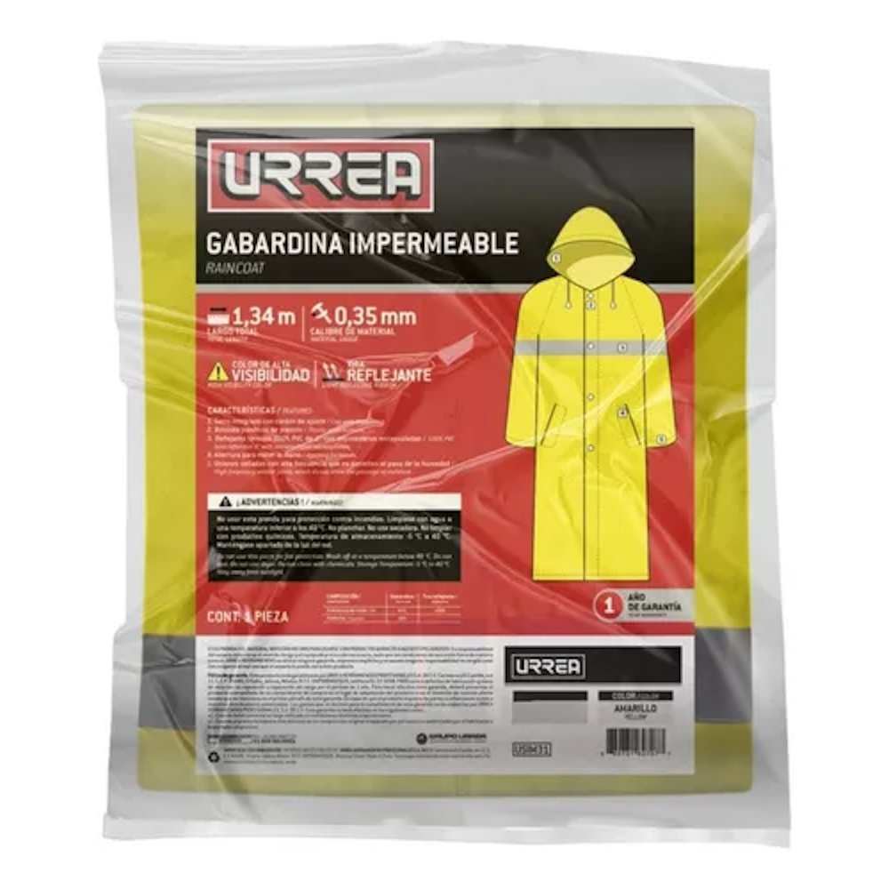Gabardina Impermeable Con Reflejante Térmico Urrea Amarillo Talla EEG.