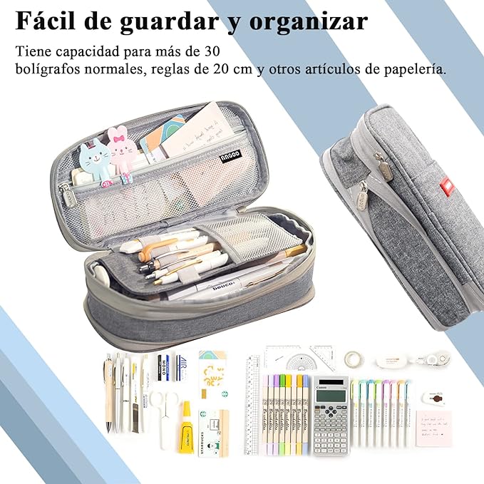 Estuche para Lápices de Grande Capacidad, Lapicera Organizador Expandible, Bolsa de Utiles Oficina, Estucheras Lapiceras Aesthetic para Plumones y Colores, Papelería con Cremallera (Gris).
